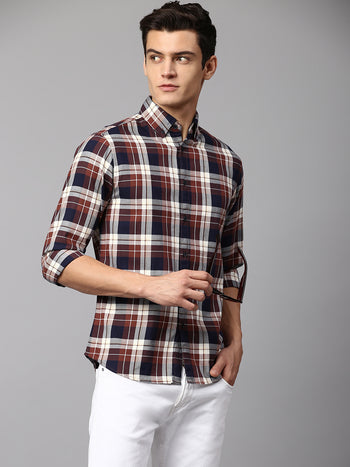 Men's Checkered Brown Slim Fit Casual Shirt  Spread Collar
