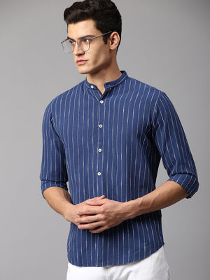 Men's Striped Blue Slim Fit Casual Shirt  Mandarin Collar
