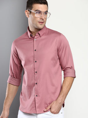 Men's Solid Slim Fit Satin Lycra Casual Shirt With Concealed Button Down & Full Sleeves