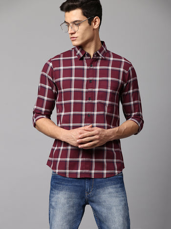 Men's Checkered Maroon Slim Fit Casual Shirt  Spread Collar