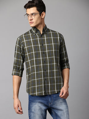 Men's Checkered Green Slim Fit Casual Shirt Button-Down Collar