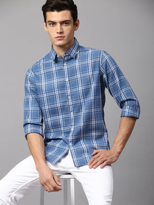 Men's Checkered Dusty Blue Slim Fit Casual Shirt  Spread Collar