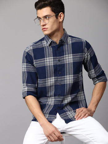 Men's Checkered Navy Slim Fit Casual Shirt  Spread Collar