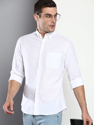 Men's Solid Slim Fit Cotton Linen Casual Shirt With Button-Down Collar & Full Sleeves