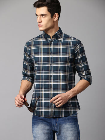 Men's Checkered Teal Slim Fit Casual Shirt  Spread Collar
