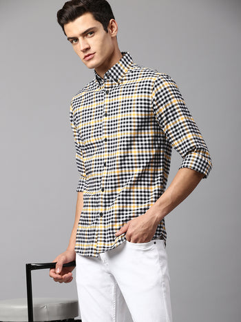 Men's Checkered Yellow Slim Fit Casual Shirt Button Down Collar