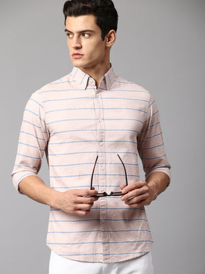 Men's Striped Peach Slim Fit Casual Shirt Button-Down Collar
