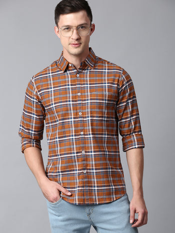 Men's Checkered Mustard Slim Fit Casual Shirt With Spread Collar