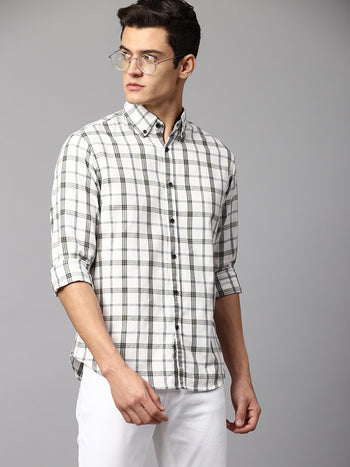 Men's Checkered White Slim Fit Casual Shirt Button-Down Collar
