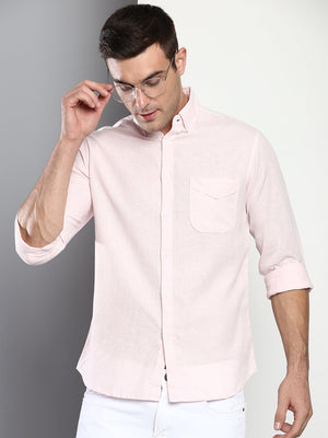 Men's Solid Slim Fit Cotton Linen Casual Shirt With Button-Down Collar & Full Sleeves