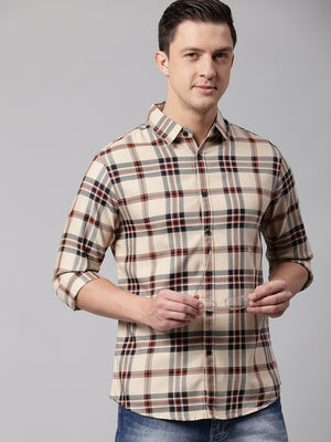 Men's Beige Slim Fit Polycotton Casual Shirt