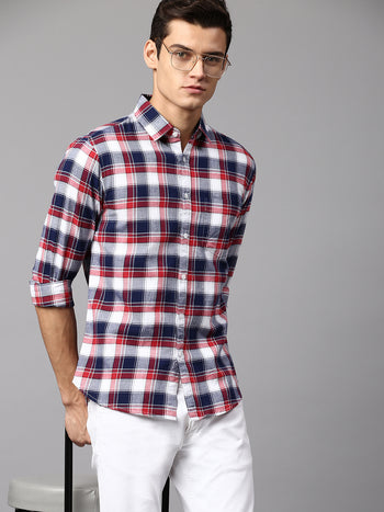 Men's Checkered Red Slim Fit Casual Shirt  Spread Collar