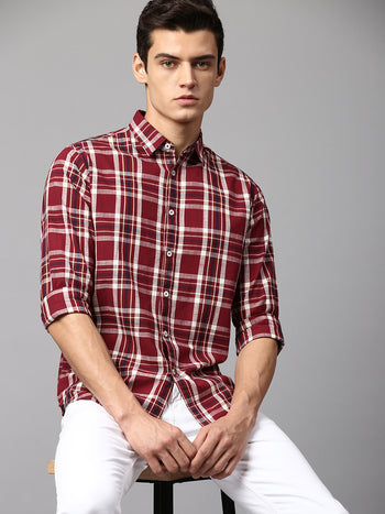 Men's Checkered Red Slim Fit Casual Shirt  Spread Collar
