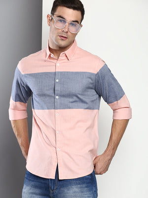 Men's Colourblocked Slim Fit Cotton Oxford Casual Shirt With Spread Collar & Full Sleeves