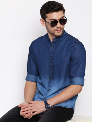 Men's Mandarin Collar Dark Blue Denim Shirt (Darkblue ombre)