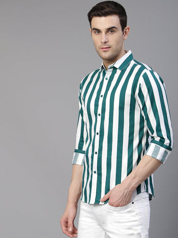 Men's Striped Teal Slim Fit Cotton Casual Shirt