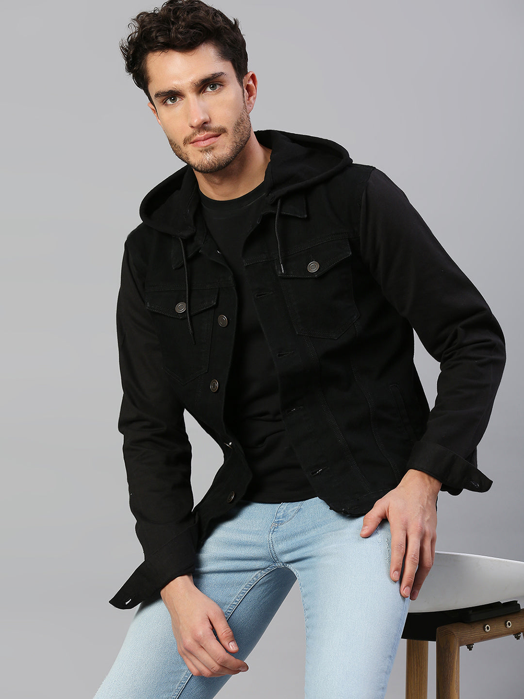 Mens Hooded Denim Jacket With Sweatshirt Sleeves And Hood Men'