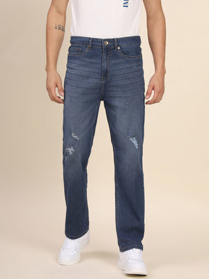 Men's Slim Fit Light Blue Denim Jeans Waistband With Belt Loops Has A Button Rivet And Zip Closure