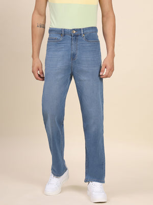 Men's Slim Fit Light Blue Denim Jeans Waistband With Belt Loops Has A Button Rivet And Zip Closure