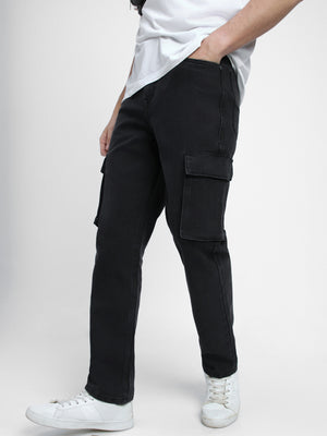 Men's Straight Cargo Fit Washed Black Stretchable Jeans