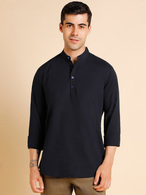 Men's Mandarin Collar Slim Fit Solid Navy Shirt