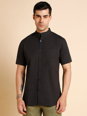 Men's Mandarin Collar Slim Fit Solid Black Shirts