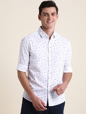 Men's White Miniature Prints Slim Fit Casual Shirt