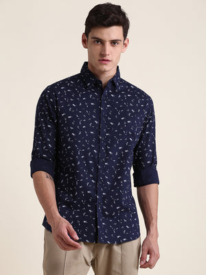 Men's Navy Miniature Prints Slim Fit Casual Shirt