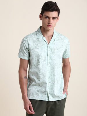 Men's Green Leaf Print Slim Fit Casual Shirt