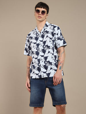Men's Cuban Collar Regular Fit Print Navy Casual Shirt