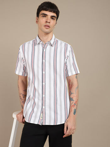 Men's Spread Collar Slim Fit Stripe White Shirts
