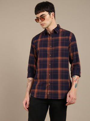 Men's Spread Collar Slim Fit Check Navy Shirt