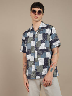 Men's Abstract Printed Cuban Collar Pure Cottton Casual Shirt