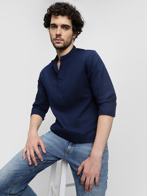 Men's Navy Mandarin Collar Long Sleeves Casual Shirt