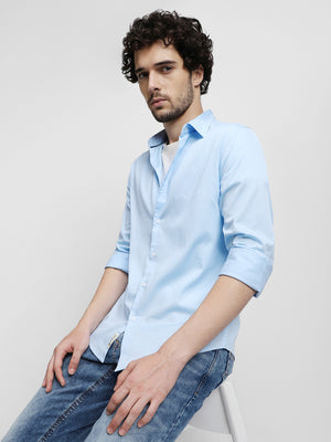 Men's Regular Collar Slim Fit Solid Blue Casual Shirt