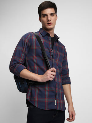 Men's Regular Collar Slim Fit Checks Navy Casual Shirt