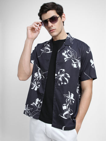 Men's Cuban Collar Regular Fit Print Navy Casual Shirts