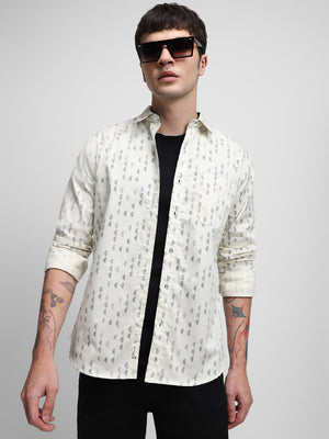 Men's Cuban Collar Regular Fit Stripes Beige Casual Shirt