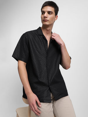 Men's Cuban Collar Regular Fit Solid Black Casual Shirt