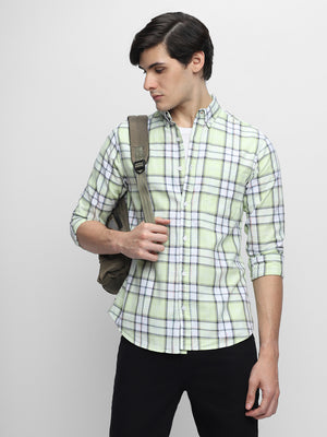 Men's Button Down Collar Regular Fit Checks Green Casual Shirts