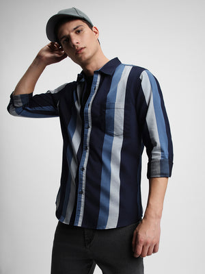 Men's Regular Collar Slim Fit Stripes Blue Casual Shirt