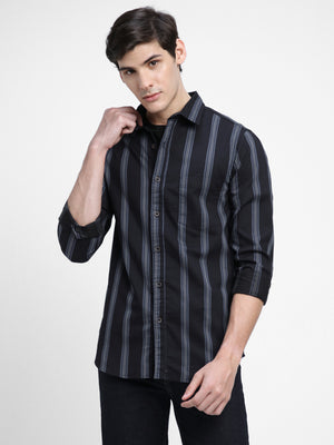 Men's Regular Collar Slim Fit Stripes Blue Casual Shirt