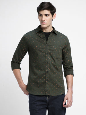 Men's Regular Collar Slim Fit Print Black Casual Shirt