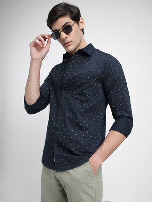 Men's Regular Collar Slim Fit Print Navy Casual Shirt