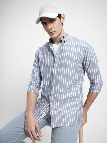 Men's Button Down Collar Slim Fit Stripes Navy Casual Shirts