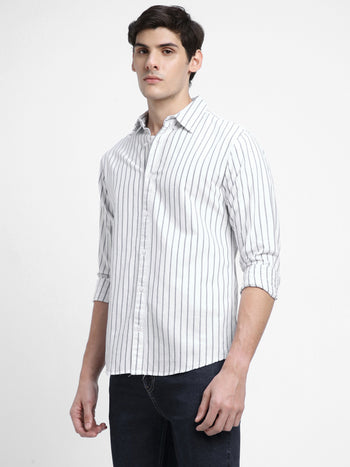 Men's Button Down Collar Slim Fit Stripes White Casual Shirts
