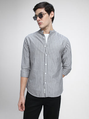 Men's Mandarin Collar Slim Fit Stripes Grey Casual Shirt