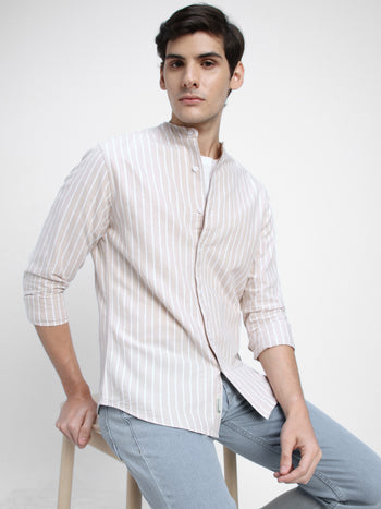 Men's Mandarin Collar Slim Fit Stripes Khaki Casual Shirts