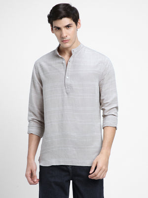 Men's Mandarin Collar Slim Fit Stripes Khaki Casual Shirts