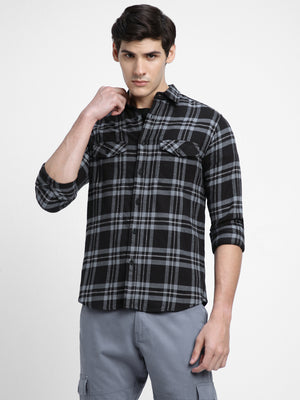 Men's Regular Collar Slim Fit Checks Blue Casual Shirt